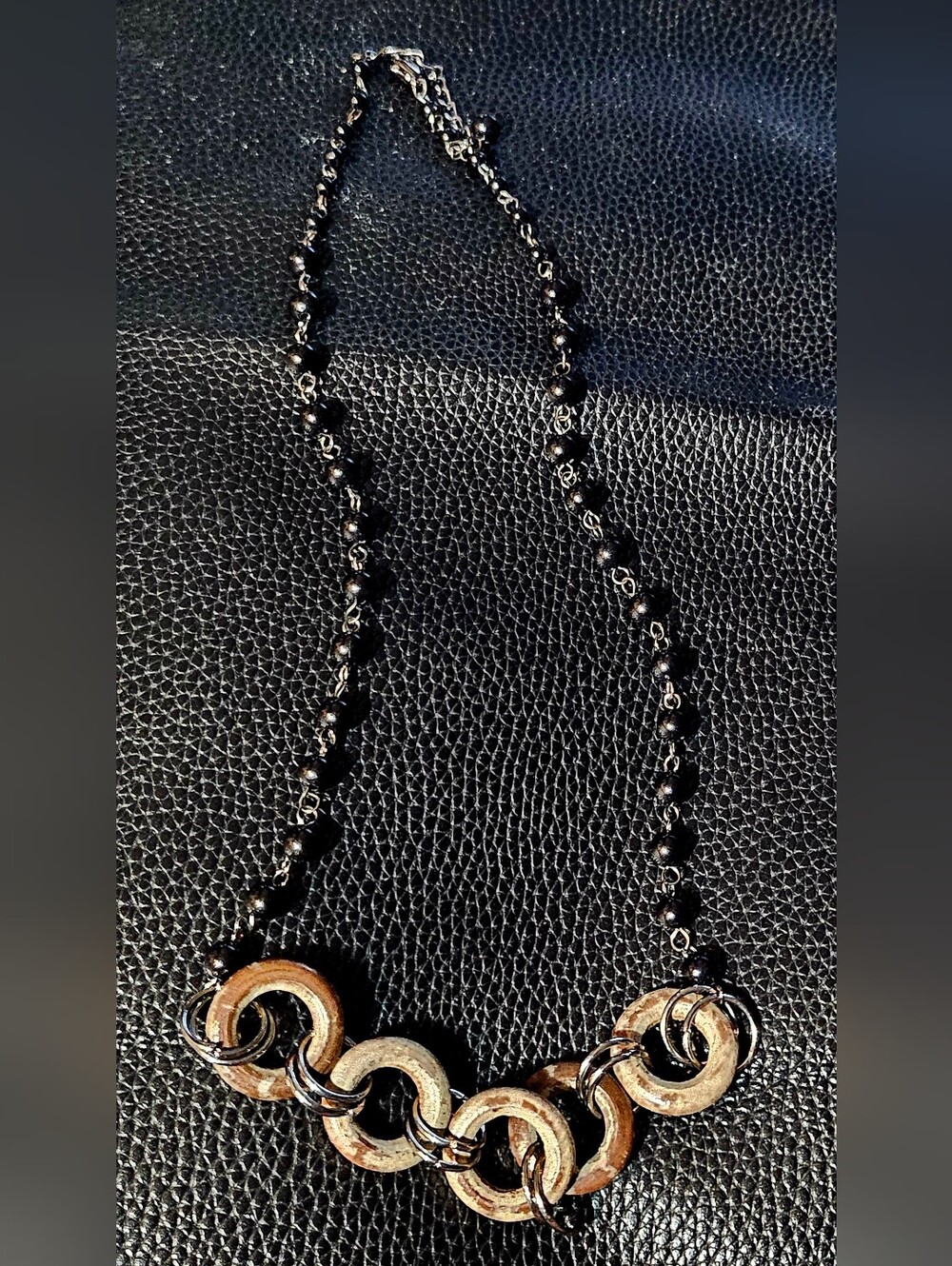 24" Earthy Modernist Acrylic Ring & Black Beaded Chain Collar Necklace